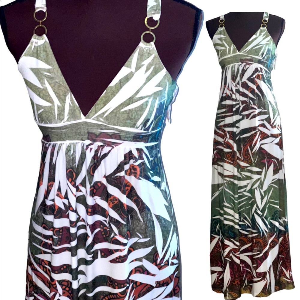 Summer Halter Gold Chain Maxi Long Dress, Sz M, Beach Wear, Empire Waist Gown